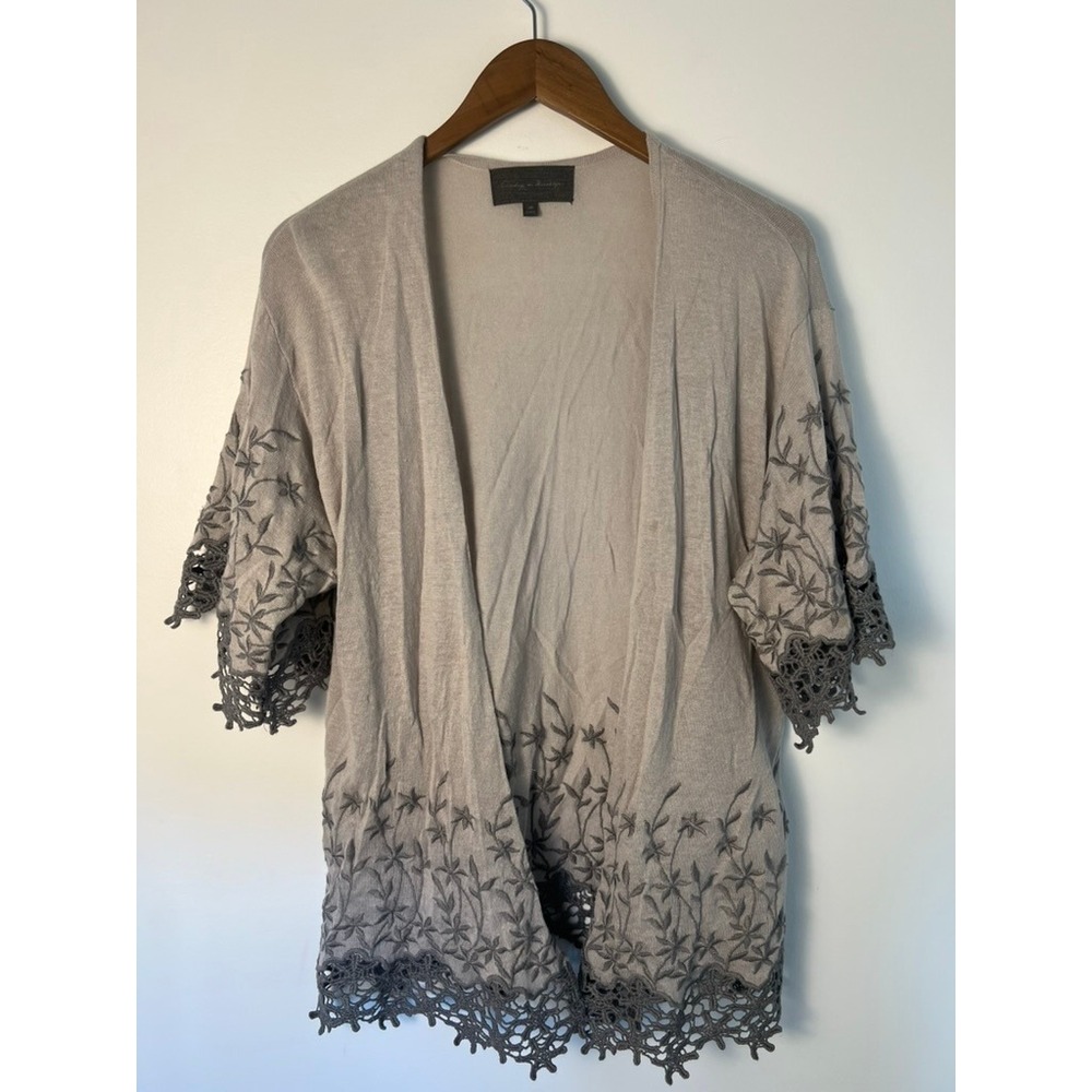 Med Sunday in Brooklyn Embroidered Crochet Lace Trim Cardigan Taupe Grey